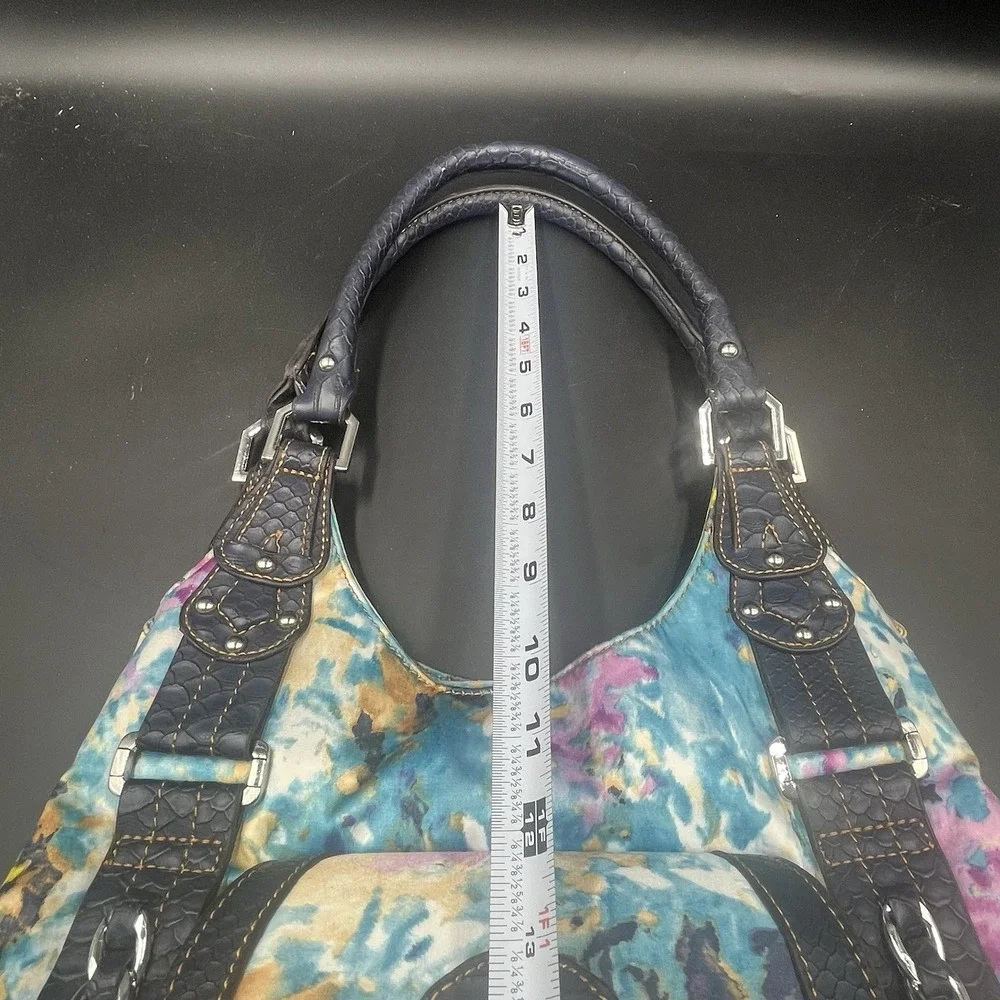 Wilson Leather Blue and Pink Water‎ Color Floral Fabric Hobo Bag Rare
